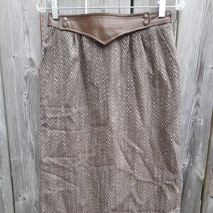 Vintage 80s Tweed Wool Skirt Leather 27"W Dark Academia Creation Hans Erras